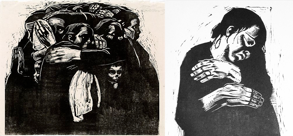 A gauche, "Die Mütter" par Kathe Kollwitch en 1921, A droite "The Widow" par Kathe Kollwitch en 1921-22