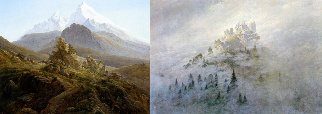 A gauche, "Le Watzmann" par Friedrich en 1824-25 - A droite, "Brume matinale dans les montagnes" par Friedrich en 1808