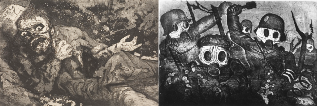 A gauche, "Wounded" par Otto Dix en 1916 - A droite, "Assauts sou les gaz" par Otto Dix en 1924